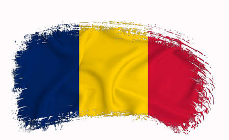 Romania flag, brush stroke, typography, lettering, logo, label, banner on a white background.の写真素材