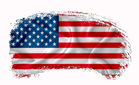 US flag, brush stroke, typography, lettering, logo, label, banner on a white background.の写真素材