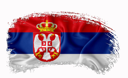 Serbian flag, brush stroke, typography, lettering, logo, label, banner on a white background.の写真素材