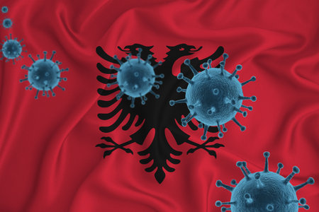 Angola flag. Blue viral cells, pandemic influenza virus epidemic infection, coronavirus, infection concept. 3d-rendering.の写真素材