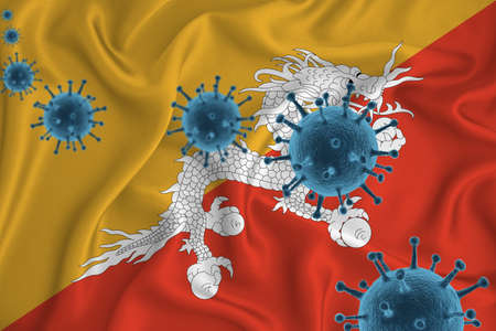 Angola flag. Blue viral cells, pandemic influenza virus epidemic infection, coronavirus, infection concept. 3d-rendering.の写真素材