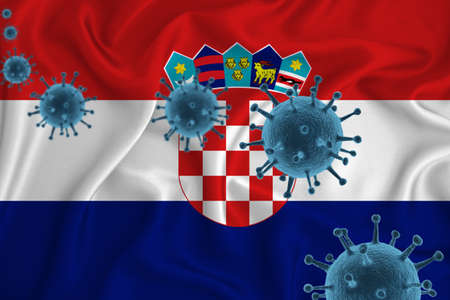 Croatia flag. Blue viral cells, pandemic influenza virus epidemic infection, coronavirus, infection concept. 3d-rendering.の写真素材