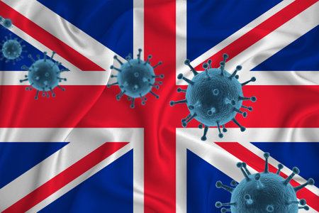 Great Britain flag. Blue viral cells, pandemic influenza virus epidemic infection, coronavirus, infection concept. 3d-rendering.の写真素材