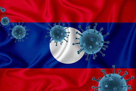 Laos flag. Blue viral cells, pandemic influenza virus epidemic infection, coronavirus, infection concept. 3d-rendering.の写真素材