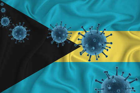 Bahamas flag. Blue viral cells, pandemic influenza virus epidemic infection, coronavirus, infection concept. 3d-rendering.の写真素材