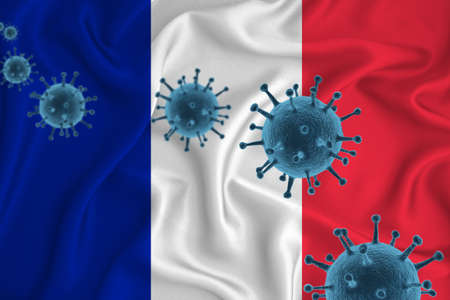 France flag. Blue viral cells, pandemic influenza virus epidemic infection, coronavirus, infection concept. 3d-rendering.の写真素材