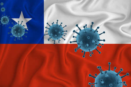 Chile flag. Blue viral cells, pandemic influenza virus epidemic infection, coronavirus, infection concept. 3d-rendering.の写真素材