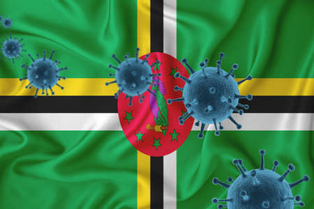 Dominica flag. Blue viral cells, pandemic influenza virus epidemic infection, coronavirus, infection concept. 3d-rendering.の写真素材