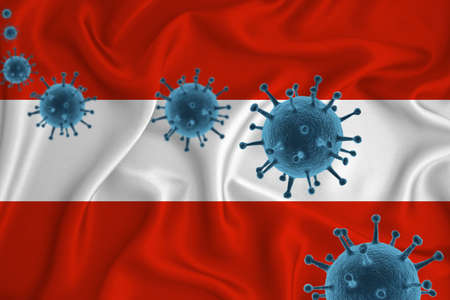 Austria flag. Blue viral cells, pandemic influenza virus epidemic infection, coronavirus, infection concept. 3d-rendering.の写真素材