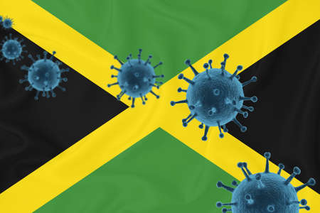 Jamaika flag. Blue viral cells, pandemic influenza virus epidemic infection, coronavirus, infection concept. 3d-rendering.の写真素材