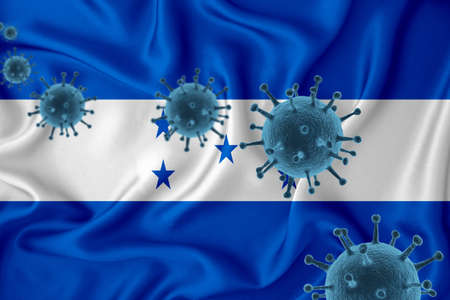 Honduras flag. Blue viral cells, pandemic influenza virus epidemic infection, coronavirus, infection concept. 3d-rendering.の写真素材