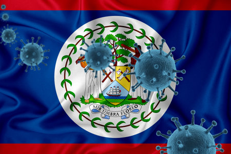 Belize flag. Blue viral cells, pandemic influenza virus epidemic infection, coronavirus, infection concept. 3d-rendering.の写真素材