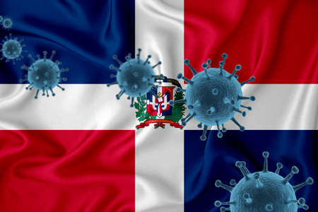 Dominicana flag. Blue viral cells, pandemic influenza virus epidemic infection, coronavirus, infection concept. 3d-rendering.の写真素材