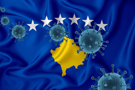 kosovo flag. Blue viral cells, pandemic influenza virus epidemic infection, coronavirus, infection concept. 3d-rendering.の写真素材
