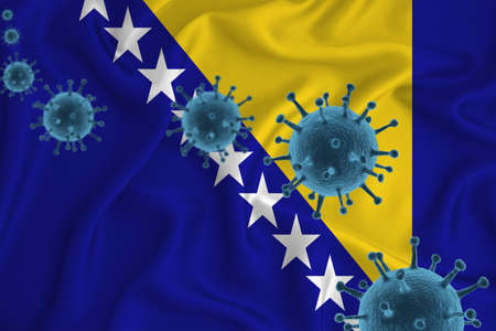 bosnia and herzegovina flag. Blue viral cells, pandemic influenza virus epidemic infection, coronavirus, infection concept. 3d-rendering.の写真素材