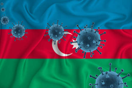 Azerbaijan flag. Blue viral cells, pandemic influenza virus epidemic infection, coronavirus, infection concept. 3d-rendering.の写真素材
