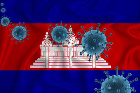 Cambodia flag. Blue viral cells, pandemic influenza virus epidemic infection, coronavirus, infection concept. 3d-rendering.の写真素材