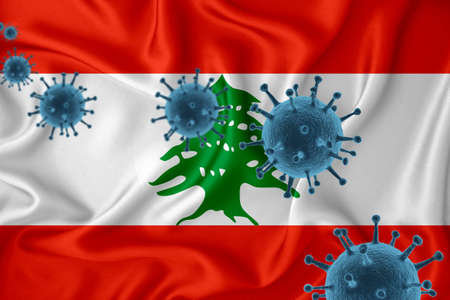 Lebanon flag. Blue viral cells, pandemic influenza virus epidemic infection, coronavirus, infection concept. 3d-rendering.の写真素材