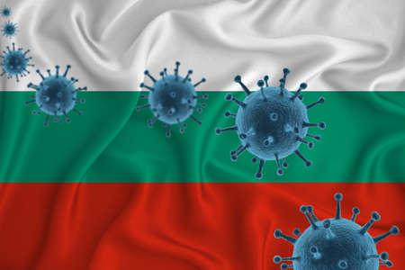 Bulgaria flag. Blue viral cells, pandemic influenza virus epidemic infection, coronavirus, infection concept. 3d-rendering.の写真素材