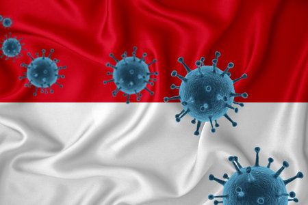 Indonesia flag. Blue viral cells, pandemic influenza virus epidemic infection, coronavirus, infection concept. 3d-rendering.の写真素材