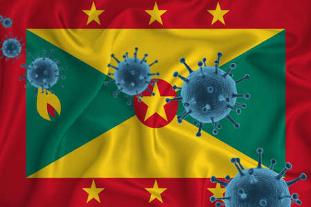 Grenada flag. Blue viral cells, pandemic influenza virus epidemic infection, coronavirus, infection concept. 3d-rendering.の写真素材