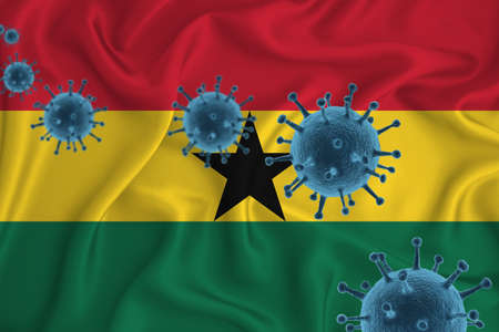 Ghana flag. Blue viral cells, pandemic influenza virus epidemic infection, coronavirus, infection concept. 3d-rendering.の写真素材