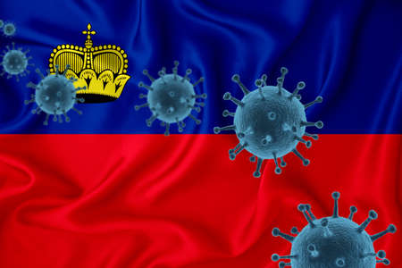 Liechtenstein flag. Blue viral cells, pandemic influenza virus epidemic infection, coronavirus, infection concept. 3d-rendering.の写真素材