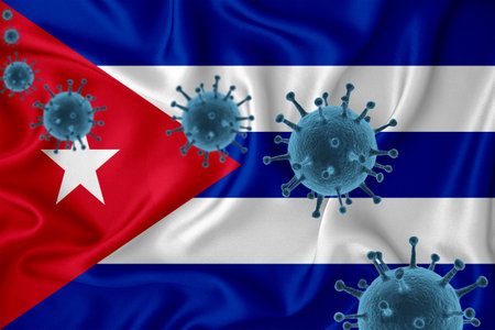 Cuba flag. Blue viral cells, pandemic influenza virus epidemic infection, coronavirus, infection concept. 3d-rendering.の写真素材