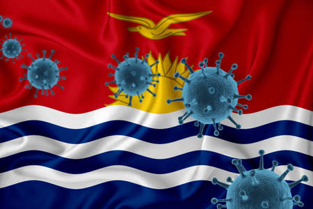 Kiribati flag. Blue viral cells, pandemic influenza virus epidemic infection, coronavirus, infection concept. 3d-rendering.の写真素材