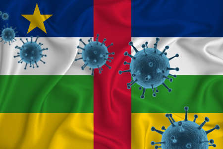 Central African Republic flag. Blue viral cells, pandemic influenza virus epidemic infection, coronavirus, infection concept. 3d-rendering.の写真素材