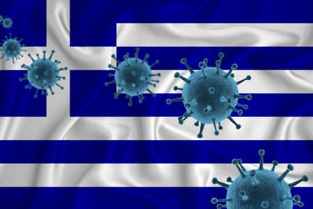 Greece flag. Blue viral cells, pandemic influenza virus epidemic infection, coronavirus, infection concept. 3d-rendering.の写真素材
