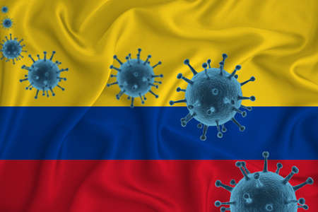 colombia flag. Blue viral cells, pandemic influenza virus epidemic infection, coronavirus, infection concept. 3d-rendering.の写真素材
