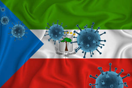 Equatorial Guinea flag. Blue viral cells, pandemic influenza virus epidemic infection, coronavirus, infection concept. 3d-rendering.の写真素材