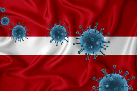 Latvia flag. Blue viral cells, pandemic influenza virus epidemic infection, coronavirus, infection concept. 3d-rendering.の写真素材
