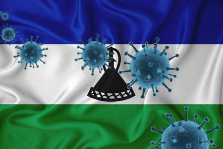 lesotho flag. Blue viral cells, pandemic influenza virus epidemic infection, coronavirus, infection concept. 3d-rendering.の写真素材
