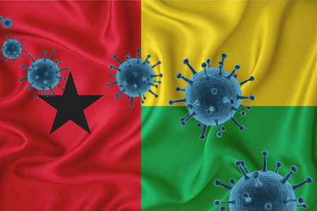 Guinea Bissau flag. Blue viral cells, pandemic influenza virus epidemic infection, coronavirus, infection concept. 3d-rendering.の写真素材