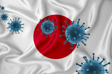 Japan flag. Blue viral cells, pandemic influenza virus epidemic infection, coronavirus, infection concept. 3d-rendering.の写真素材