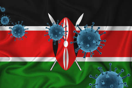 kenya flag. Blue viral cells, pandemic influenza virus epidemic infection, coronavirus, infection concept. 3d-rendering.の写真素材