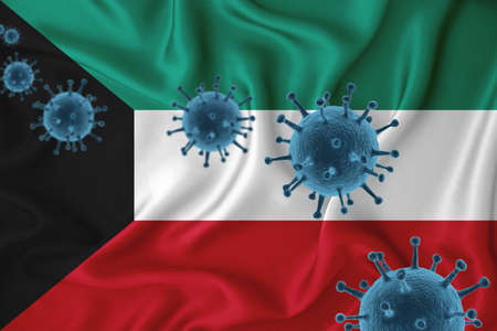 kuwait flag. Blue viral cells, pandemic influenza virus epidemic infection, coronavirus, infection concept. 3d-rendering.の写真素材