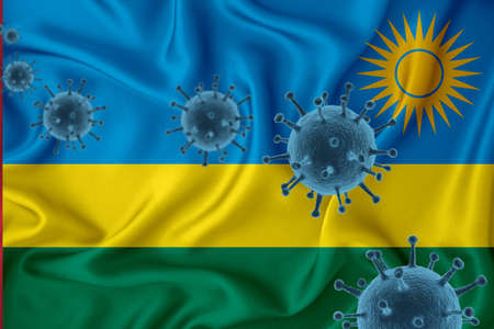 Rwanda flag. Blue viral cells, pandemic influenza virus epidemic infection, coronavirus, infection concept. 3d-rendering.の写真素材