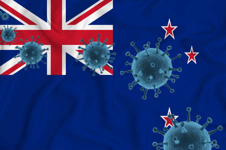 New Zealand flag. Blue viral cells, pandemic influenza virus epidemic infection, coronavirus, infection concept. 3d-rendering.の写真素材