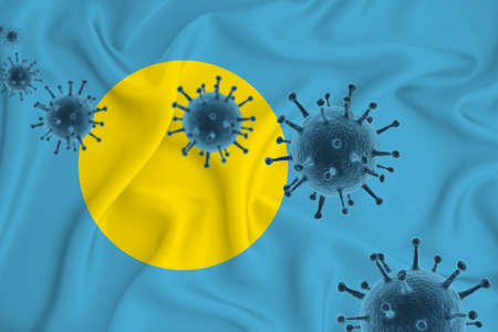 Palau flag. Blue viral cells, pandemic influenza virus epidemic infection, coronavirus, infection concept. 3d-rendering.の写真素材