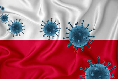 Poland flag. Blue viral cells, pandemic influenza virus epidemic infection, coronavirus, infection concept. 3d-rendering.の写真素材