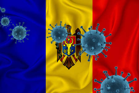 Moldova flag. Blue viral cells, pandemic influenza virus epidemic infection, coronavirus, infection concept. 3d-rendering.の写真素材