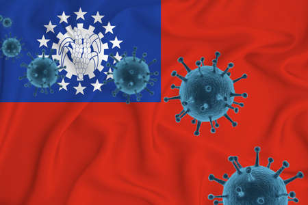 Myanmar flag. Blue viral cells, pandemic influenza virus epidemic infection, coronavirus, infection concept. 3d-rendering.の写真素材