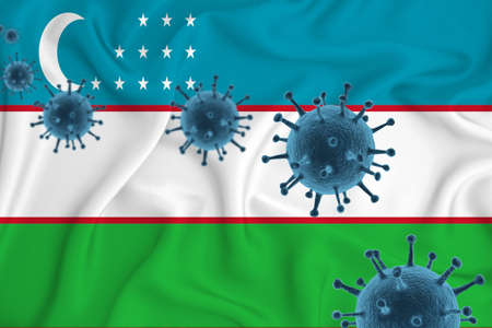 Uzbekistan flag. Blue viral cells, pandemic influenza virus epidemic infection, coronavirus, infection concept. 3d-rendering.の写真素材
