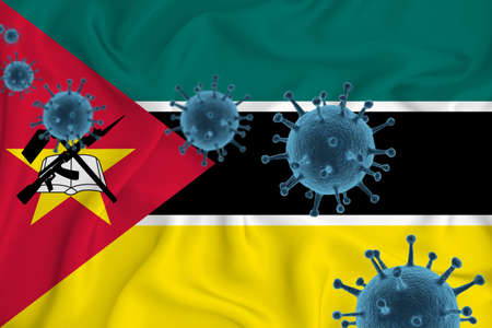 Mozambique flag. Blue viral cells, pandemic influenza virus epidemic infection, coronavirus, infection concept. 3d-rendering.の写真素材