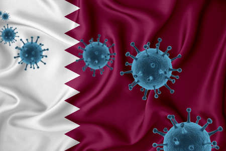 Qatar flag. Blue viral cells, pandemic influenza virus epidemic infection, coronavirus, infection concept. 3d-rendering.の写真素材