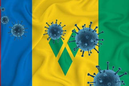 Saint Vincent and the Grenadines flag. Blue viral cells, pandemic influenza virus epidemic infection, coronavirus, infection concept. 3d-rendering.の写真素材