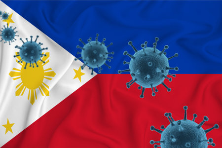 Philippines flag. Blue viral cells, pandemic influenza virus epidemic infection, coronavirus, infection concept. 3d-rendering.の写真素材